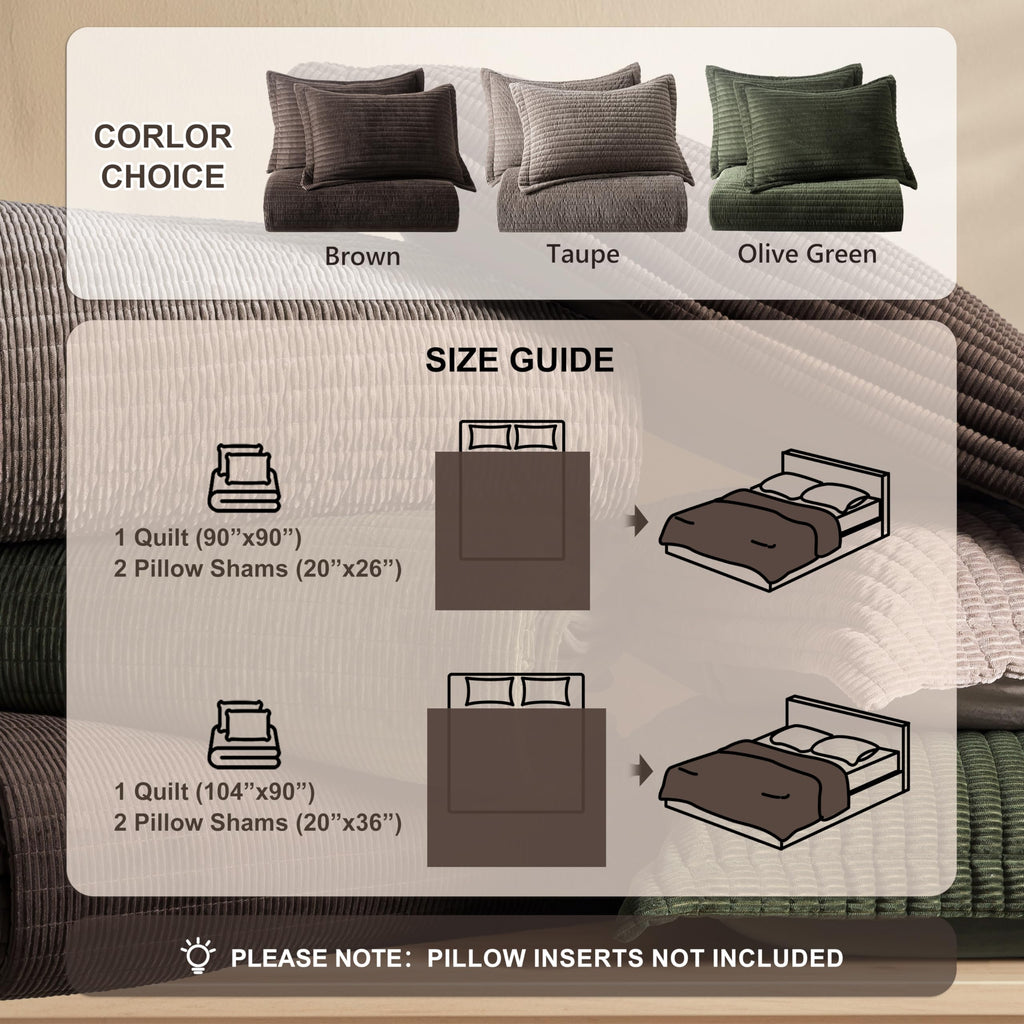 Velvet Quilt Set - Beige Striped Soft Lightweight Bedspread, Tan Neutral Ribbed Farmhouse Country Rustic