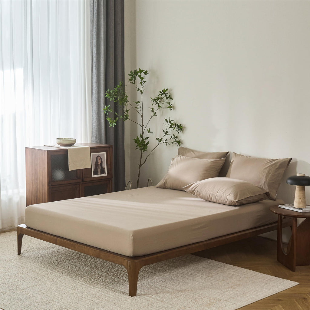 6Pcs Mocha Brown Solid Bedding Set 100% Washed Cotton
