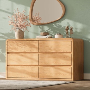 Modern 54" Wide 6 Drawers Dresser with Curved Profile Design, Oak