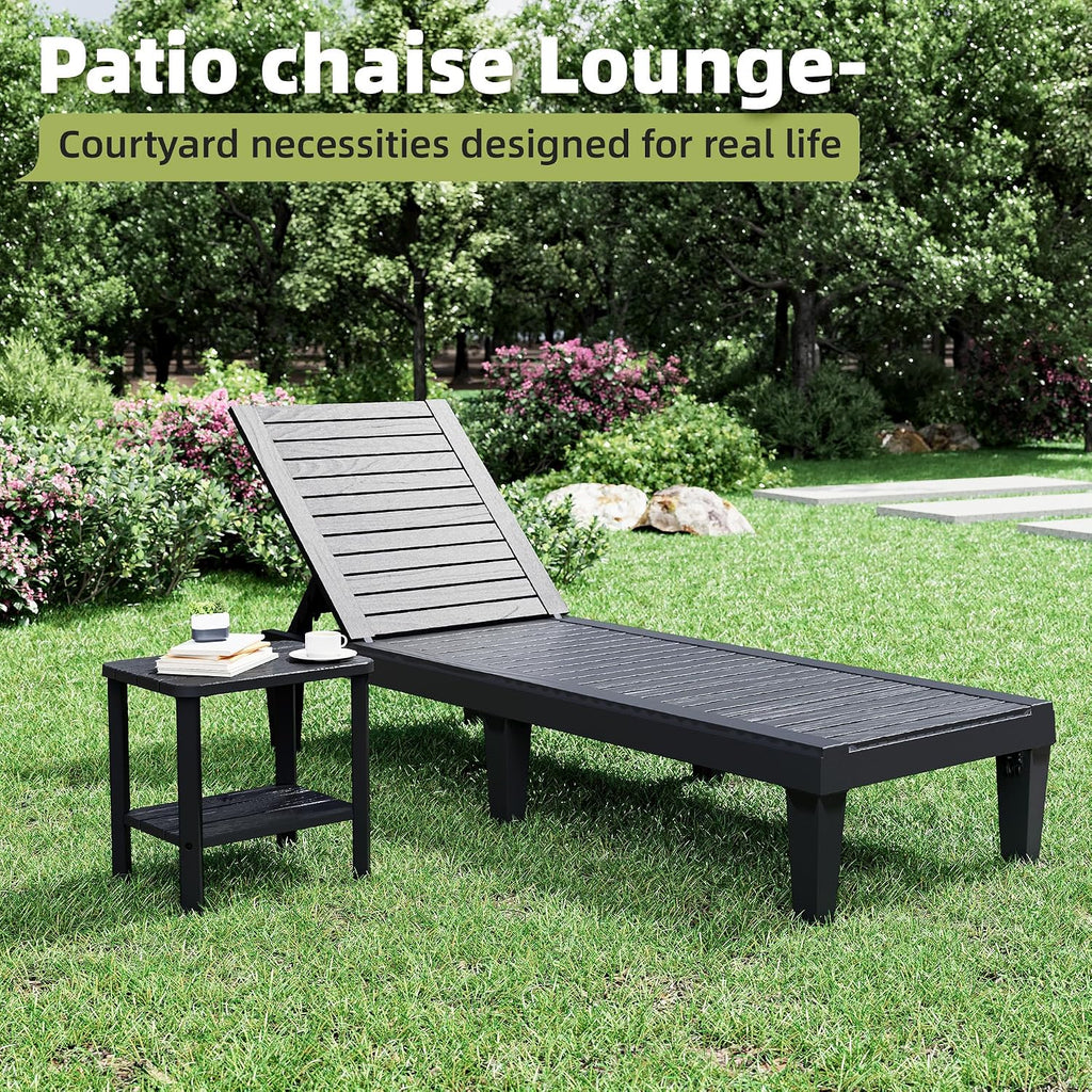 Outdoor Lounge Chairs Set of 2, 5-Position Adjustable Tanning Chairs with Wood Grain, All-Weather Res Recliners for