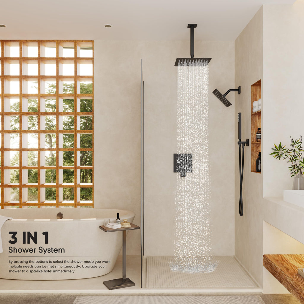 Black Shower System, All Metal Dual Rain Shower Head with Handheld