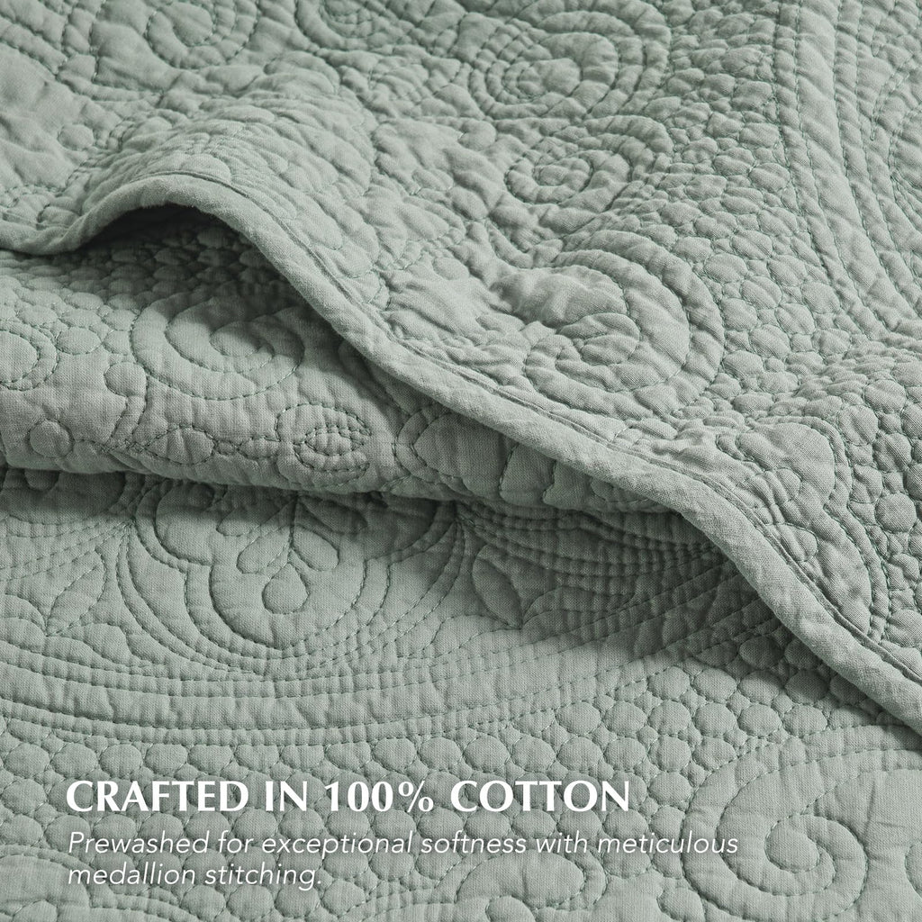 100% Cotton Medallion Stitch Quilt Set, Soft Sea