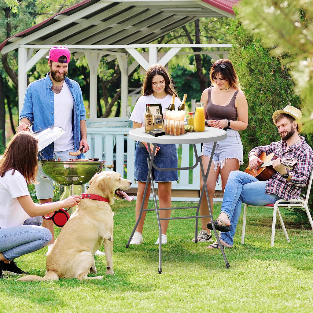 32" Plastic Folding Round Table Bar Height, HDPE Matrial with Gray Metal Finish, High Top Table for Outdoor Party
