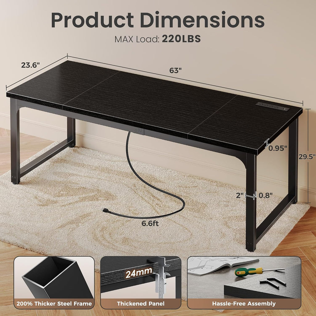 63 x 24 inch Desk with Power Outlets & USB-C, Deeper & Thicker Desktop, Robust Metal Tubes, Computer Desk, Heavy Duty