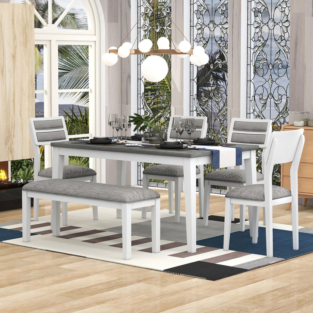 6-Piece 60" Wooden Dining Table Set with 4 Soft Upholstered Chairs and 1 Bench, Classic and Traditional Style, White
