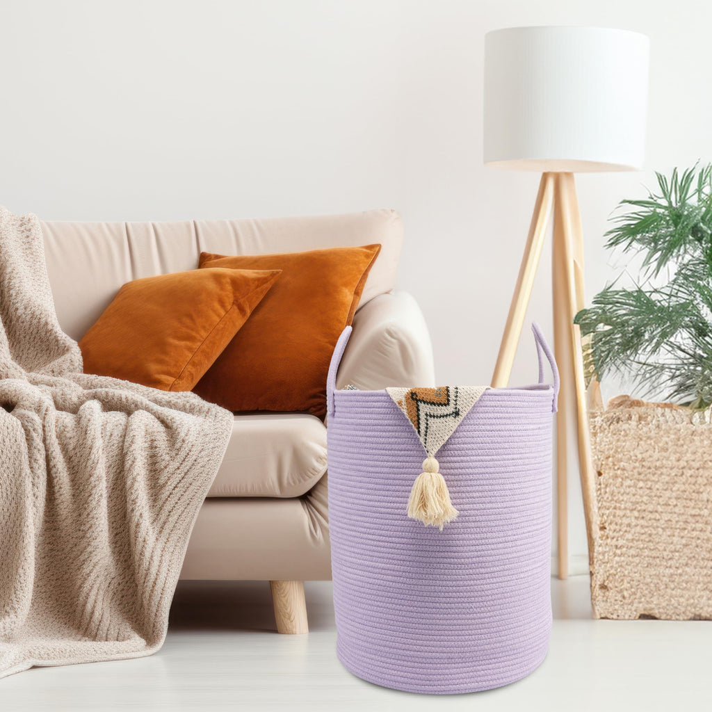 Woven Cotton Rope Laundry Basket, 15" x 20" Laundry Hamper, Purple