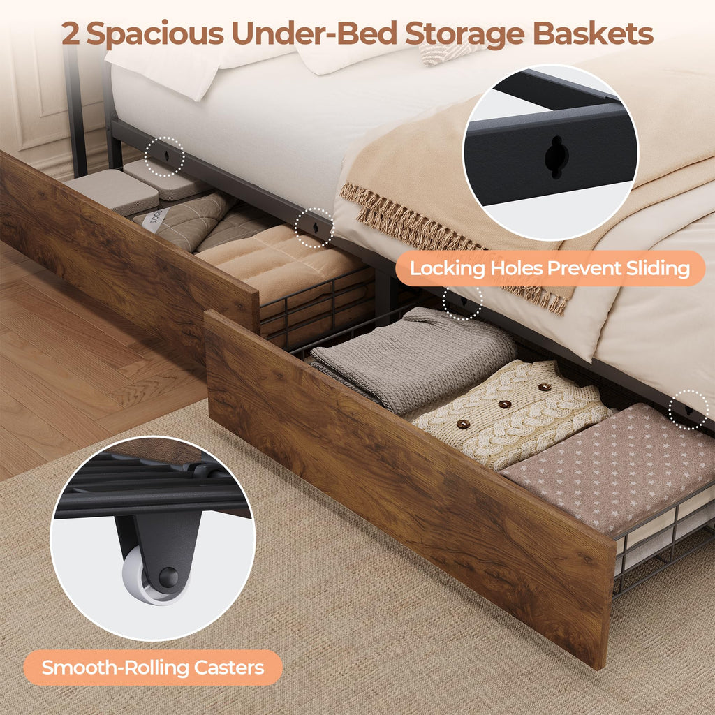 Bed Frame with 2 Storage Drawers, Charging Station & RGB LED Lights, Upholstered Storage Headboard, Cream White