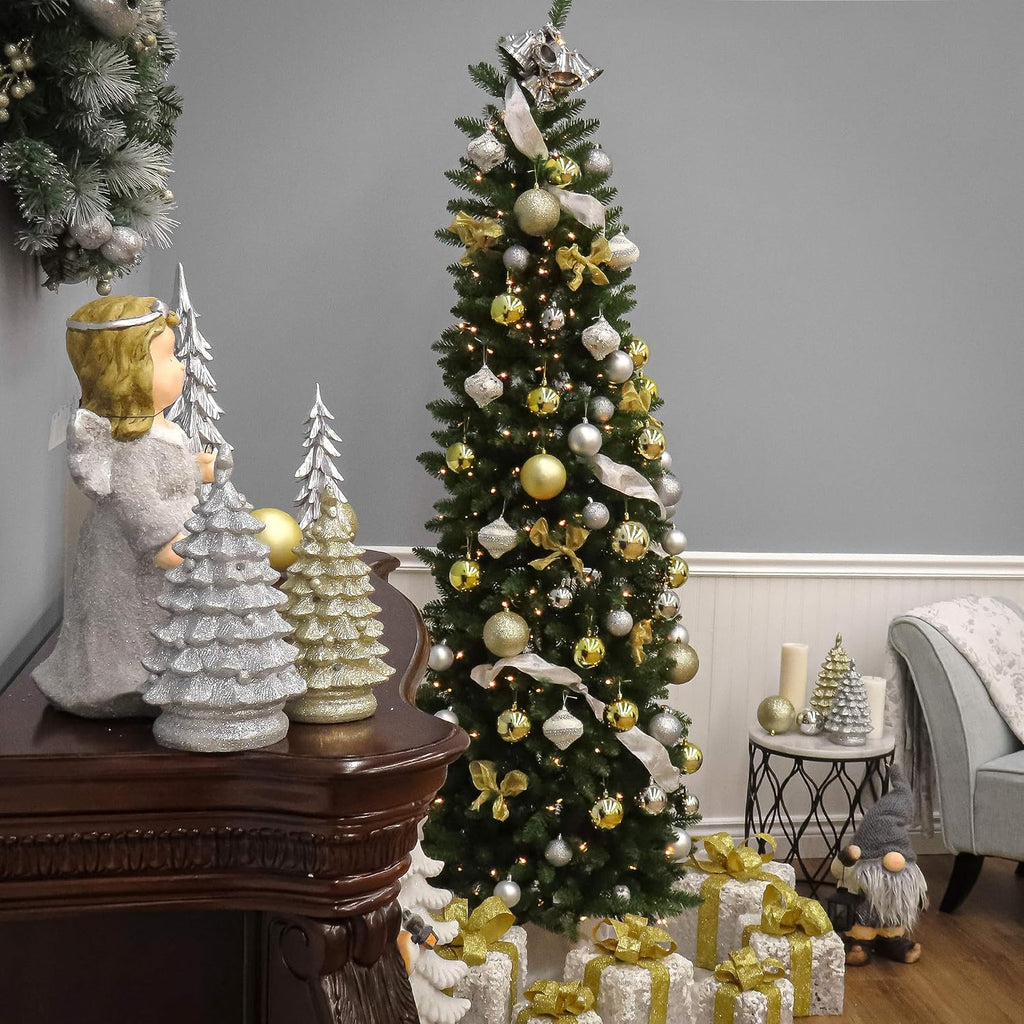 Tree Company 7ft Pre-Lit Kingswood Fir Slim Christmas Tree | 300 Clear Lights, 892 Tips, Includes Stand, Artificial
