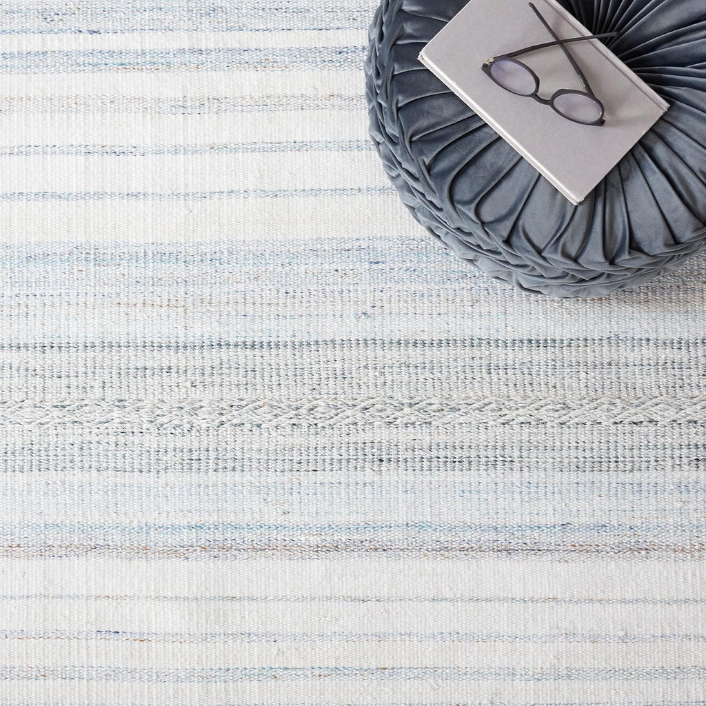 Kilim Collection Area Rug, Ivory & Light Blue, Handmade Stripe, Ideal for High Traffic Areas (KLM277M)