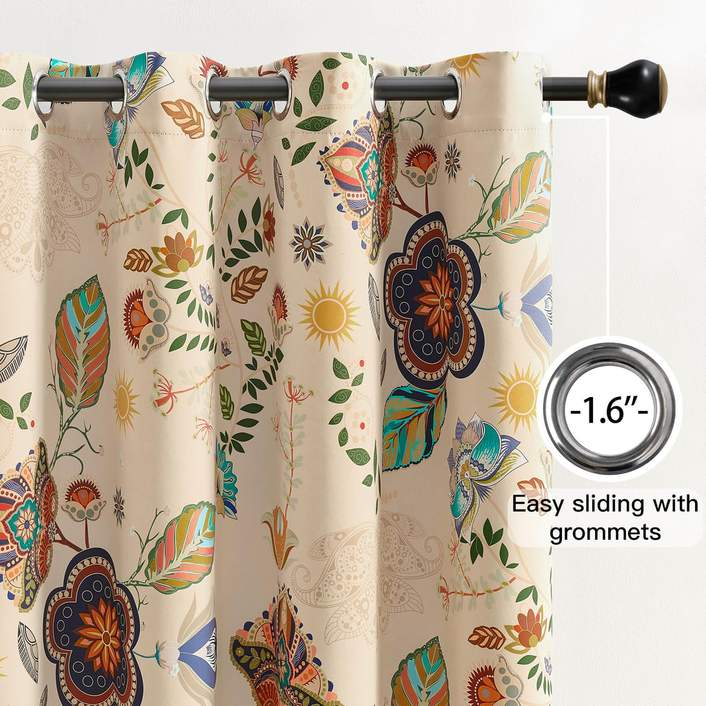 Boho Beige Floral Curtains 120 Inches Long 2 Panels Patterned Curtains