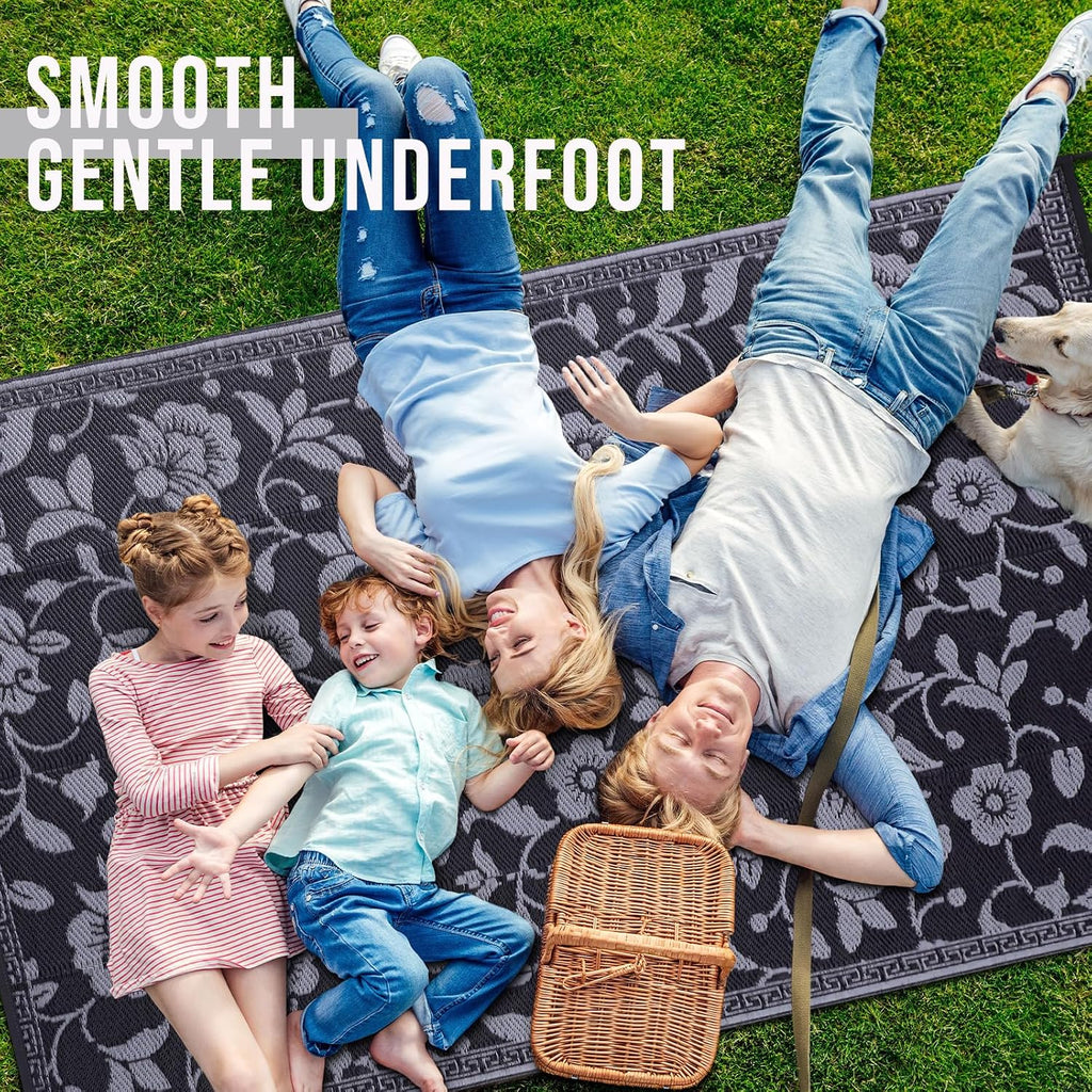 Outdoor Rug Waterproof Reversible Floral Mat, Black & Grey