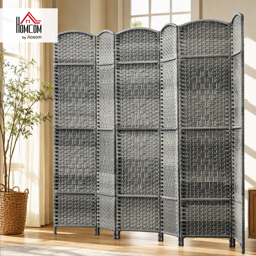 6 Panel Room Divider 6 Ft Privacy Screen Hand-Woven Mixed Gray