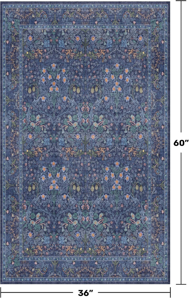 Vintage Dark Blue 3x5 Area Rugs Beside Rug, Kitchen, Laundry Room, Non-Slip Low Pile Ultra Soft Stain Resistant Small