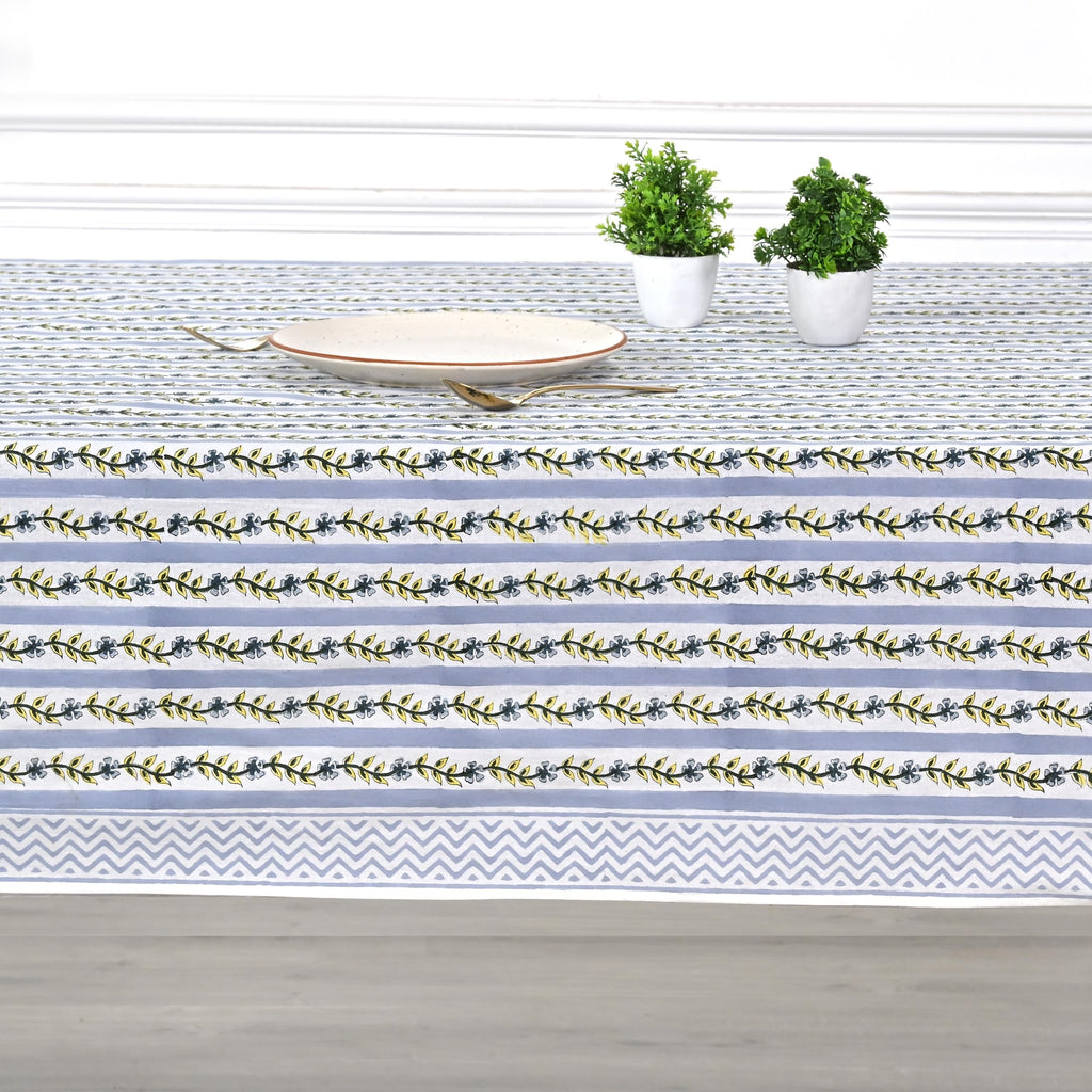 Blue Meadow Vine Hand Block Print Rectangle Tablecloth 90x60 Inch