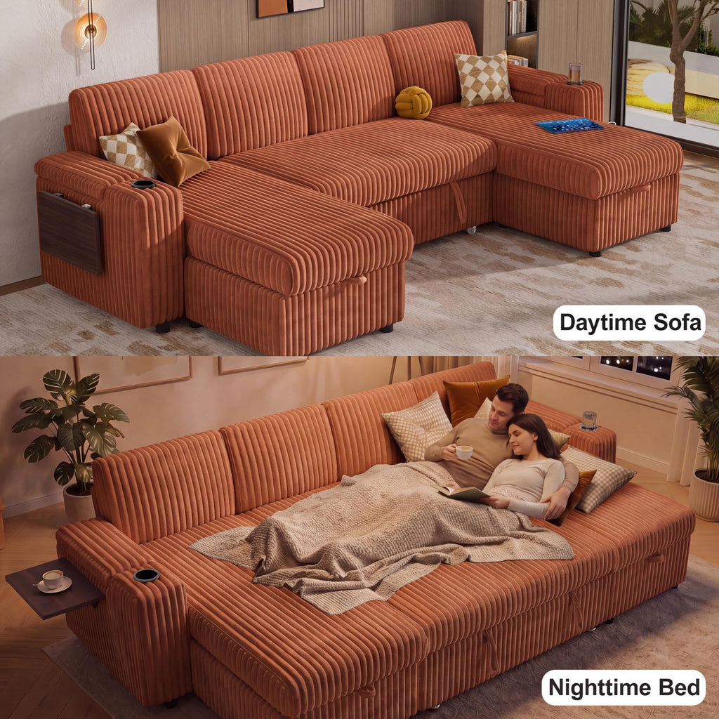 108" Modular Sectional Sleeper Sofa with Pull Out Bed, 4 Seat Plush Corduroy U Shaped Couch with USB Ports|Cup