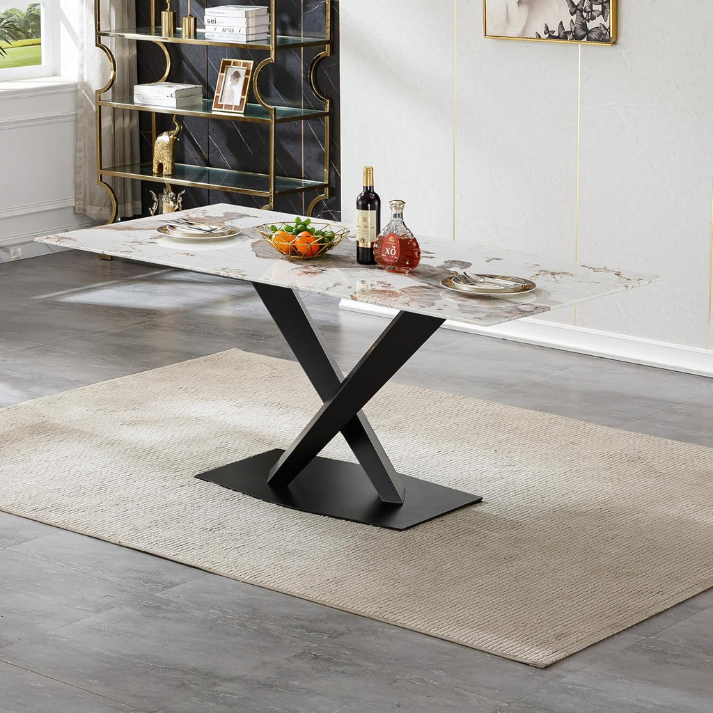 Modern Marble Dining Table, 70" White Kitchen Dining Room Table for 4 6 8 with 0.4" Thick Faux Marble Tabletop and