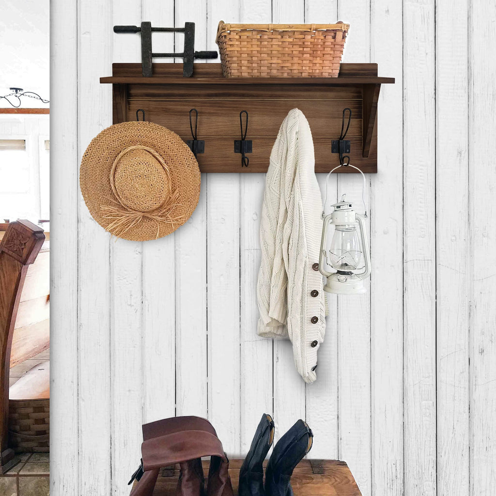 Brown Solid Wood Wall Mounted Coat Rack with Shelf, 5 Hooks, 24" Long - Kitchen, Mudroom, Entryway, Bathroom