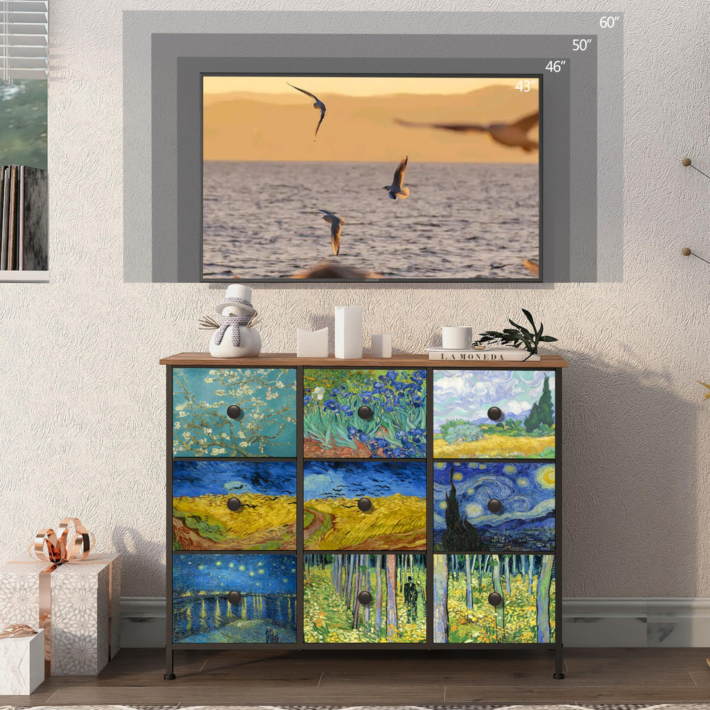 Van Gogh 9 Drawers Wide TV Stand Colorful Dressers & Chest of Drawers Enterway Furniture Living Room Hallway Closets
