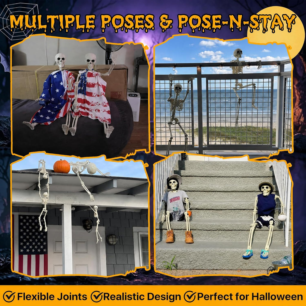 2-Pack 40" Pose-N-Stay Halloween Skeletons, Life-Size Full Body Realistic Posable Skeleton with Movable Joints - Set of 2
