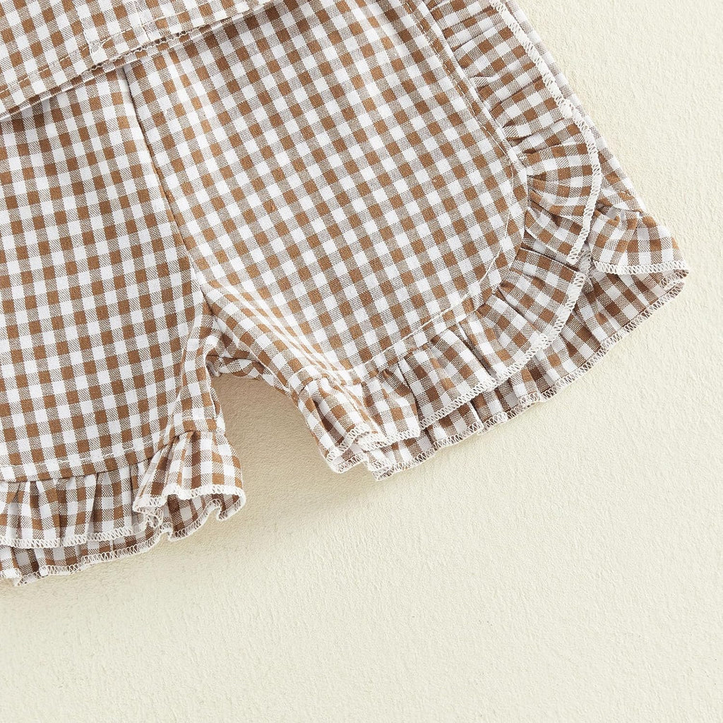 Toddler Girl Summer Outfits Plaid Bowknot Front Fly Sleeve T-shirt Tops Kids Girl Shorts Clothes Set