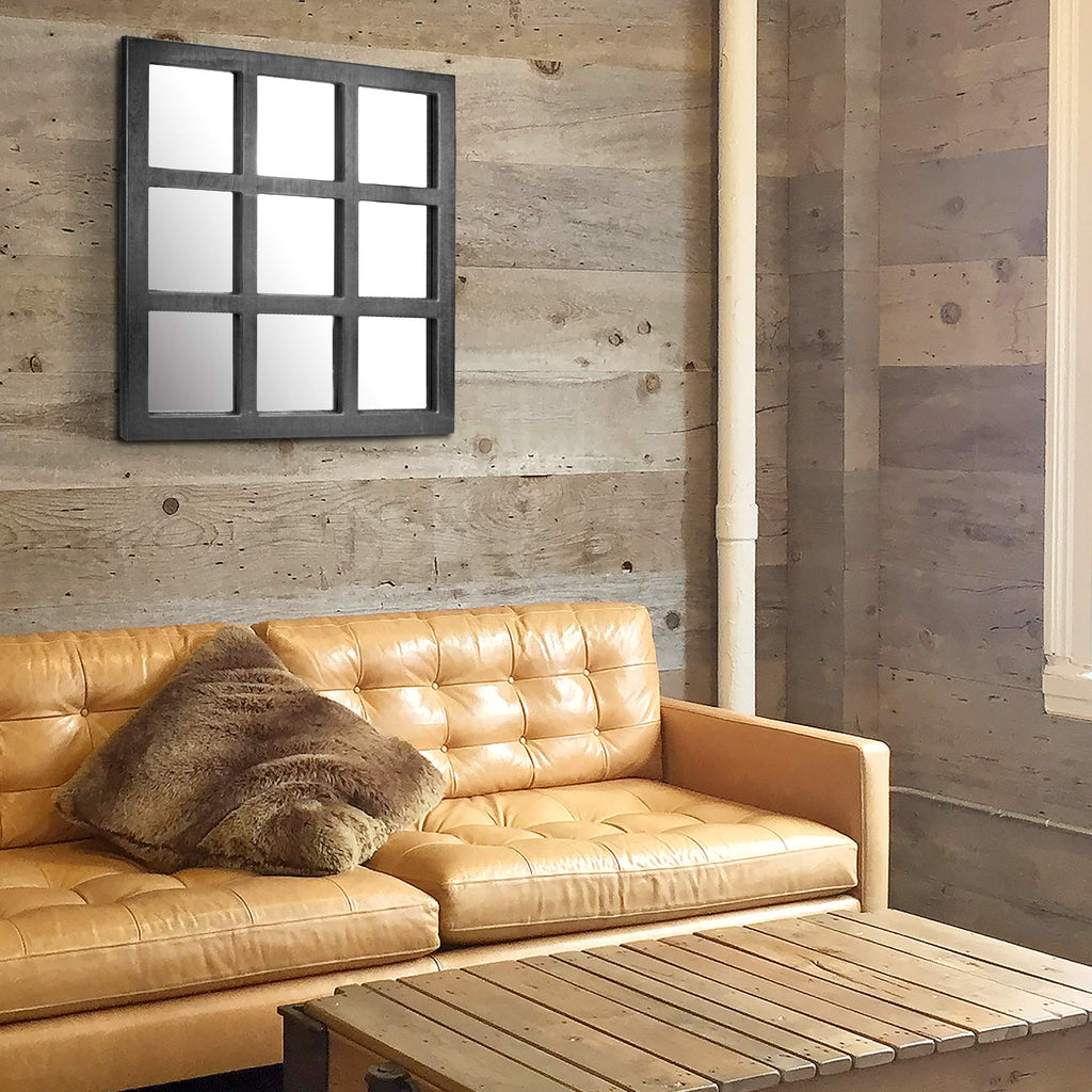 23.5" x 23.5" Square Black 9 Window Pane Hanging Wall Mirror with Attached Mounting Brackets, Decorative Rustic Decor