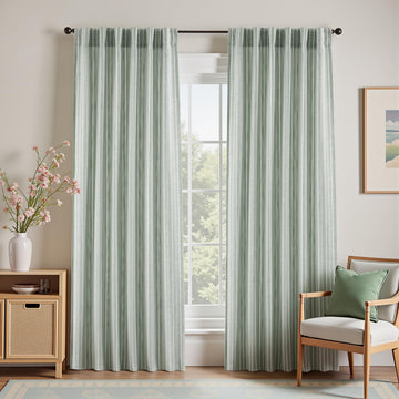 100% Blackout Linen Hygge Striped Curtains Double Layer Farmhouse Drapes 84 Inches Long Bedroom Yarn Dyed Woven