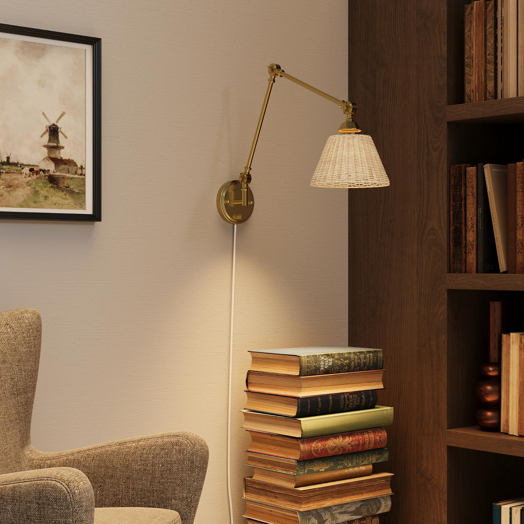 Plug in Wall Sconce, Gold Adjustable Swing Arm Wall Lamp, 1 Pack