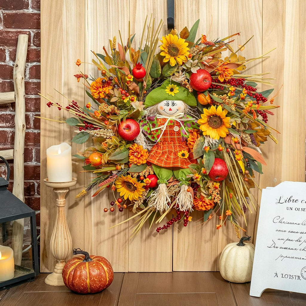 Fall Wreath for Front Door, 24 Inch Autumn Wreath for Front Door