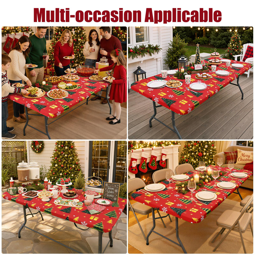 2 Pack Christmas Rectangle Table Cloth 8 Foot, Waterproof Elastic Fitted Tablecloths, Windproof Washable Polyester