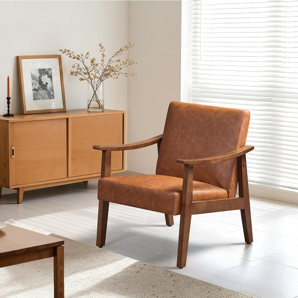 Accent Chairs, Mid-Century Faux Leather Armchairs, Light Brown