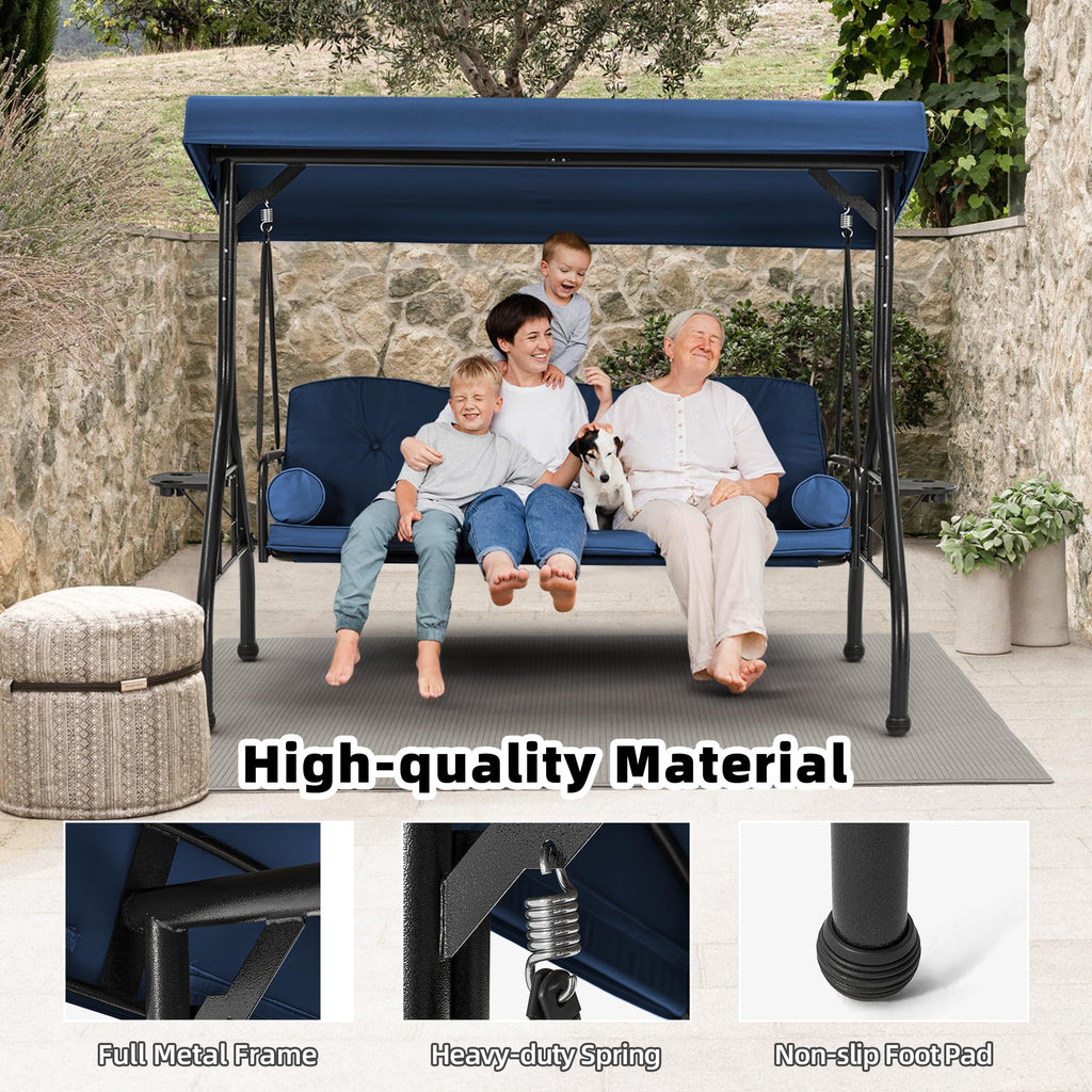 3 Seat Porch Swing with Adjustable Canopy, Patio Swing with Stand