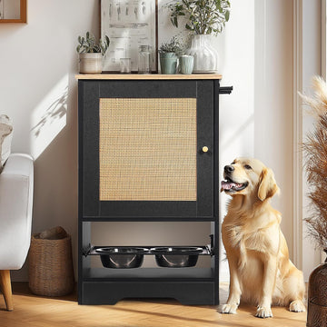 Dog Feeding Station with Storage, Hidden Pull-Out Feeder with 2 Stainless Steel Bowls, Adjustable Shelf & 3 Side