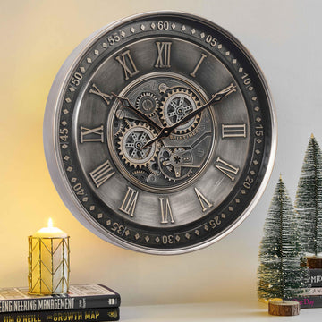24 Inch Large Moving Gear Wall Clock Decor, Silver
