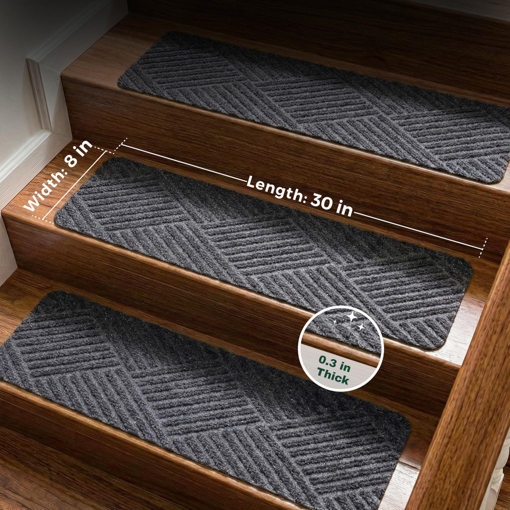 Woven Stair Treads for Wooden Steps, 15 Pack, 8" x 30", Dark Gray