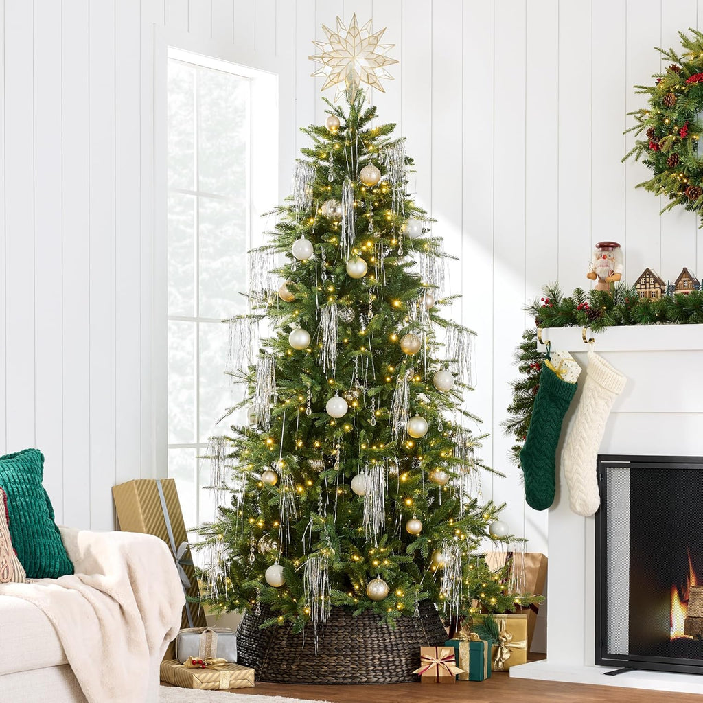 Full Aspen Christmas Tree, Pre-lit Realistic Noble Fir w/ 1,200 Glowing Micro LED Lights, 2-in-1 White &