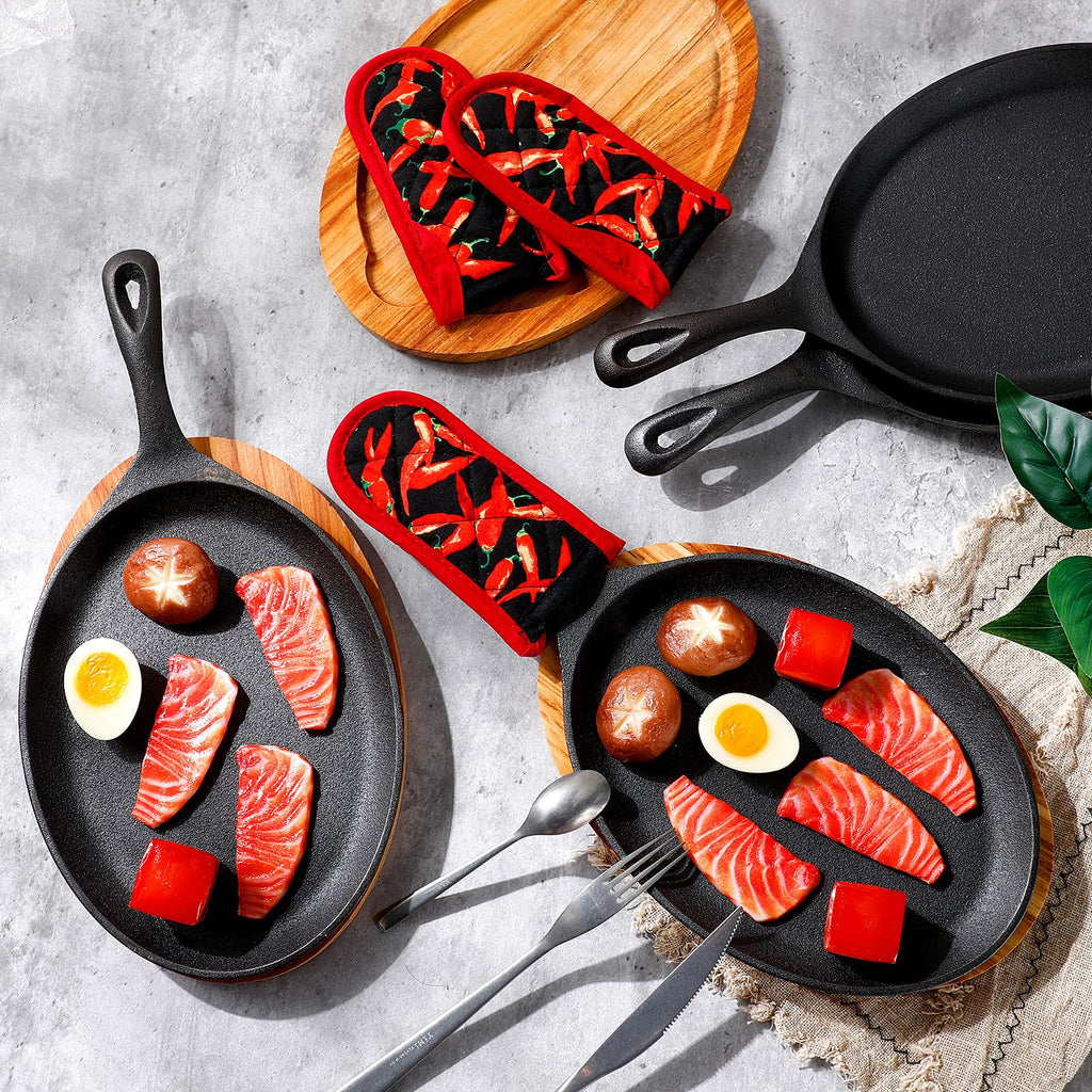8 Sets Cast Iron Fajita Skillet, Wooden Tray, Protective Mitt