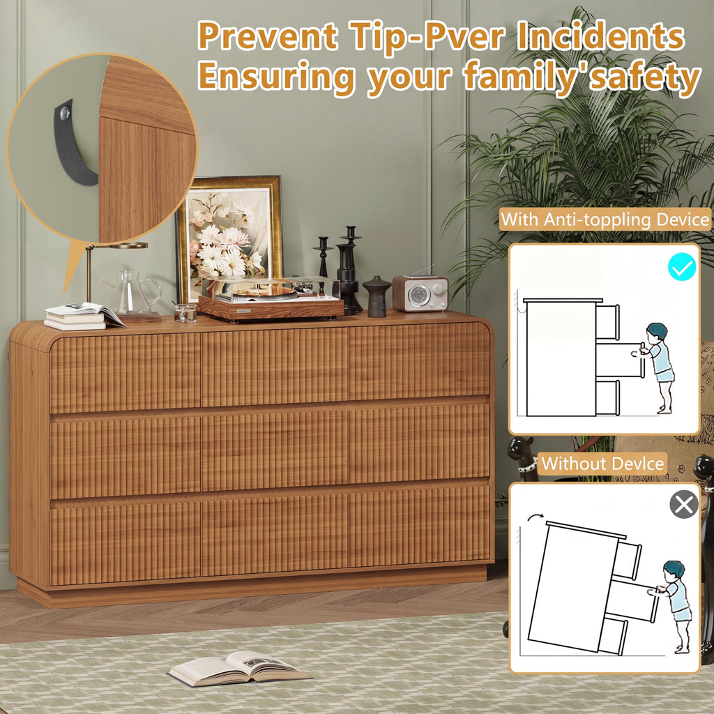 Walnut Dresser Fluted 9 Drawers Dresser, 59" Wide Wood Chest of Drawers with Hidden Handles & Rounded Corners
