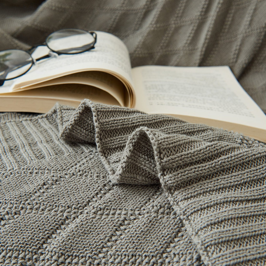 Cable Knit Cotton Light Grey Throw Blanket for Couch Sofa Beach Chair Bed Home Decorative Soft Warm Cozy Lightweight