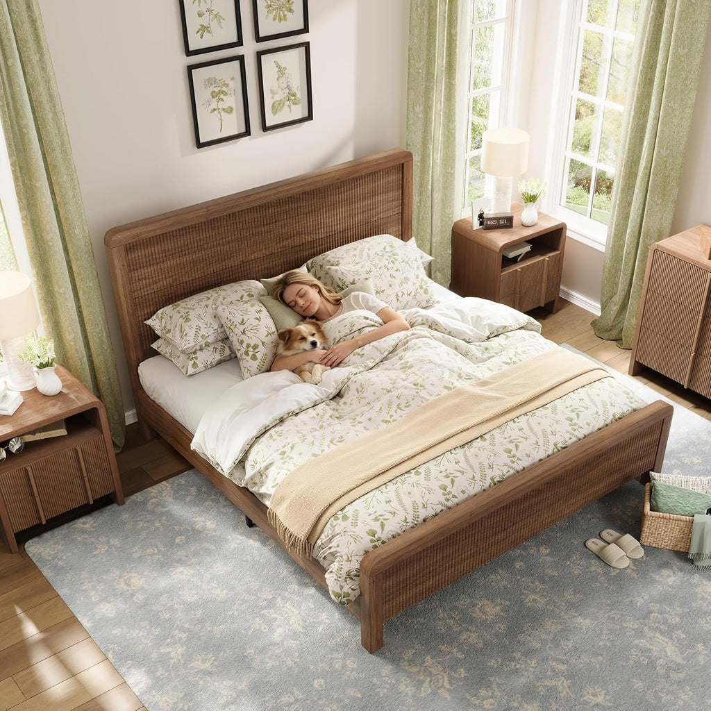 Wood Full Bed Frame with Headboard & Footboard, Modern Fluted Wooden Platform Bedframe with Rounded Safety Edges