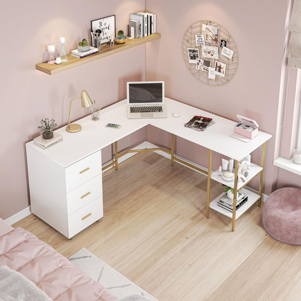 59" Two-Tone L‐Shaped Office Desk with Storage Shelves, Gold