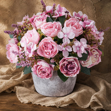 Artificial Flowers with Vase, Silk Rose Flower Arrangement with Ceramic Vase, Fake Flowers in Vase Decor, Small