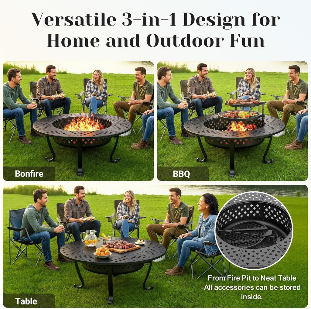 Outdoor Fire Pit, 43" Fire Pit for Outside Wood Burning with Adjustable 2 Grills, Firepit with Lid and Fire Poker, BBQ