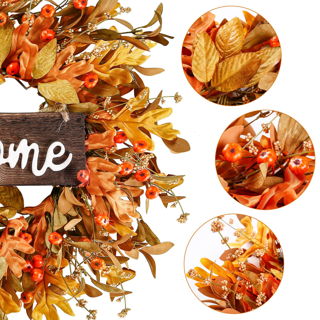 Artificial Fall Wreath - 18'' Autumn Front Door Wreath with Fall Leaves, Small Pumpkins, Cluster of Berries for
