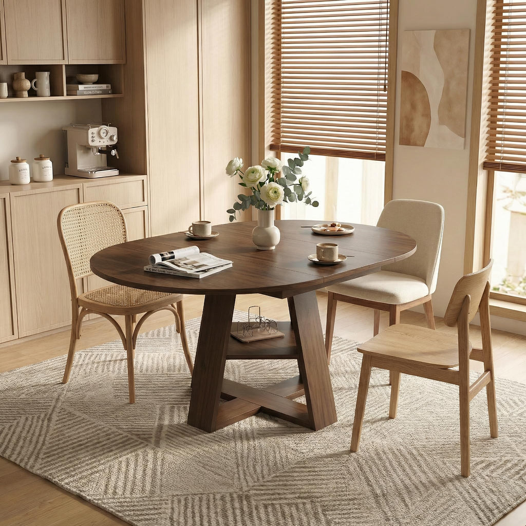 Extendable Round Dining Table for 4-6, 43.3"-59" Round to Oval Kitchen Table with Storage Shelf, Mid-Century Modern &