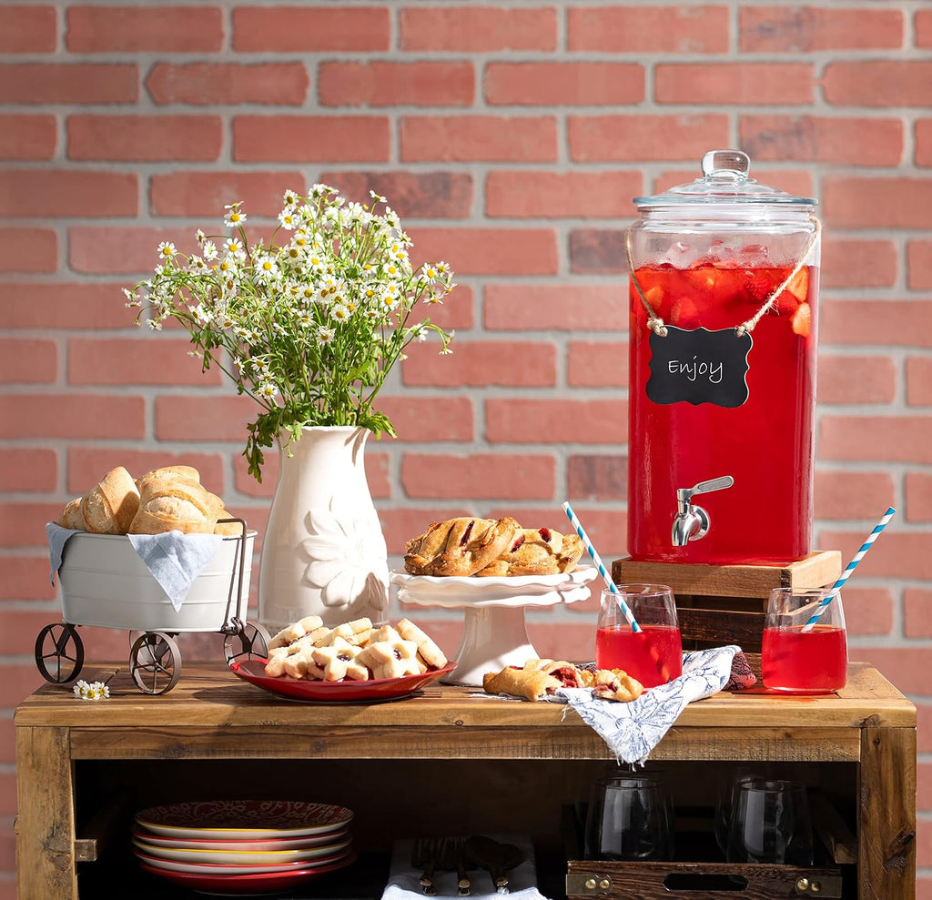 2 Gallon Beverage Serveware with Stainless Steel Spigot + Marker & Chalkboard 100% Leakproof Glass Drink Dispenser
