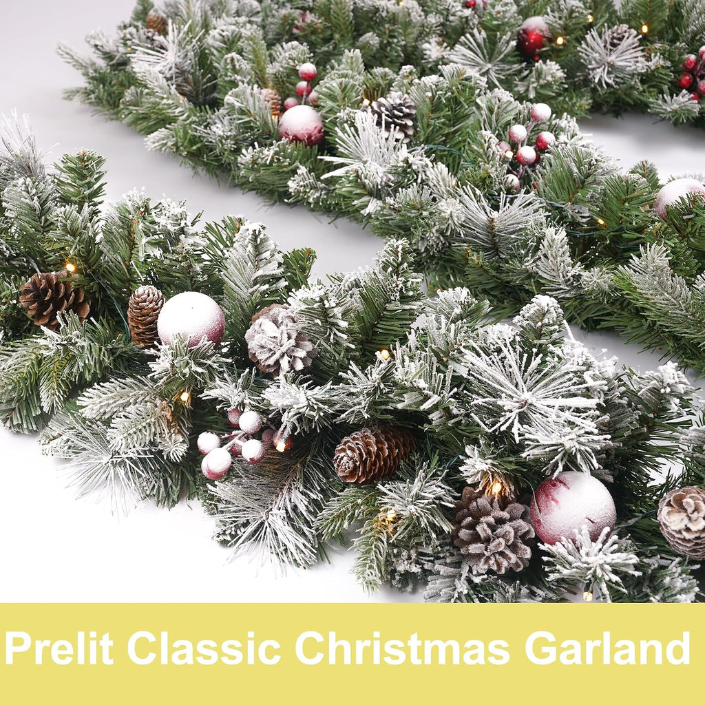 Christmas Garland Flocked 9ft with 50 Lights, Christmas Decor with Pine Cone Red Balls & Berries 50 Light Timer