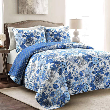Sydney Reversible Cotton Quilt Set, 3 Piece Set, Navy & White - Cotton Bedding Set - Navy Floral Quilt