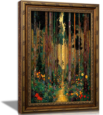 Vintage Gold Framed Forest Wall Art, Tree Path Art Nouveau Canvas Print, Abstract Nature Landscape Picture Wall