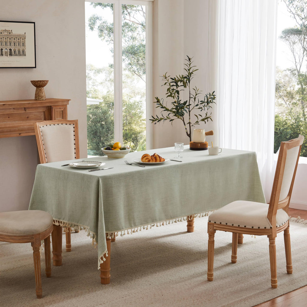 Tassel Linen Rectangular Table Cloth, Sage Green 60x84 Inch