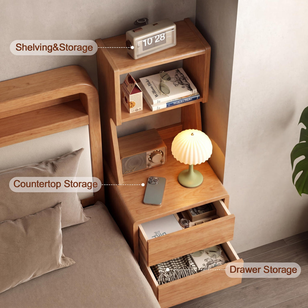 Solid Wood Bookshelf Nightstand Combo, Tall Nightstand with Bookshelf